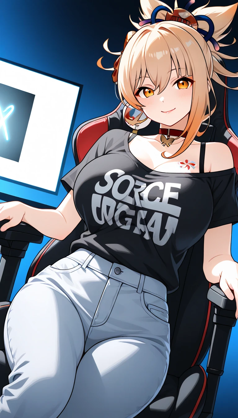 a gamer girl in a graphic tee, baggy jeans, and stylish sneakers, beautiful detailed eyes, beautiful detailed lips, extremely detailed face, longeyelashes, sitting on a gaming chair, gaming setup with a pc, rgb lighting, neon colors, cinematic lighting, vibrant colors, dynamic pose, anime style, digital art, highly detailed, 8k, best quality, masterpiece, yoimiya, bangs, blonde hair, hair ornament, hair between eyes, ponytail, sidelocks, orange eyes, light brown hair, 1women ,4k, 8k, uhd, hdr, detailed background,mature female, dynamic pose, full body, ,skin pores, score_9, score_8_up, score_7_up, (sfw), (cowboy shot, dutch angle:1.2), 1girl, solo, mature female, whole body shot ,1girl, solo, mature female, smiling,1girl, solo, mature female, big breasts, dynamic angle, (negative_v2 Color_Balance_Calibration:0.8), Stable_Yogis_Animetoon_Negatives, negativeXL_D, aidxlv05_neg, indoor background