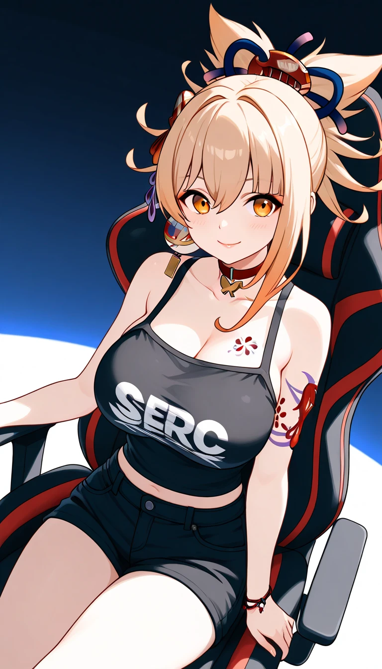 a gamer girl in a graphic tee, baggy jeans, and stylish sneakers, beautiful detailed eyes, beautiful detailed lips, extremely detailed face, longeyelashes, sitting on a gaming chair, gaming setup with a pc, rgb lighting, neon colors, cinematic lighting, vibrant colors, dynamic pose, anime style, digital art, highly detailed, 8k, best quality, masterpiece, yoimiya, bangs, blonde hair, hair ornament, hair between eyes, ponytail, sidelocks, orange eyes, light brown hair, 1women ,4k, 8k, uhd, hdr, detailed background,mature female, dynamic pose, full body, ,skin pores, score_9, score_8_up, score_7_up, (sfw), (cowboy shot, dutch angle:1.2), 1girl, solo, mature female, whole body shot ,1girl, solo, mature female, smiling,1girl, solo, mature female, big breasts, dynamic angle, (negative_v2 Color_Balance_Calibration:0.8), Stable_Yogis_Animetoon_Negatives, negativeXL_D, aidxlv05_neg, indoor background