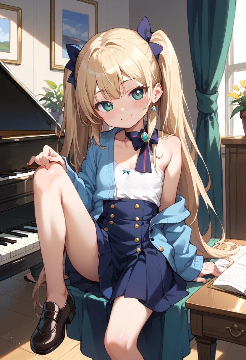 (( top quality )), ((masterpiece)), (be familiar with), perfect face, indoor, bedroom,  viewers because it's Shiragane in the middle of winter,
One woman, Krull Tepesi ,
開いた口,  ecstatic expression beside the piano, blush, smile,
 small ,  flat chest, Young girl, Lori,  kids,  girl,
 long hair,  twin tails,
Leg spread,