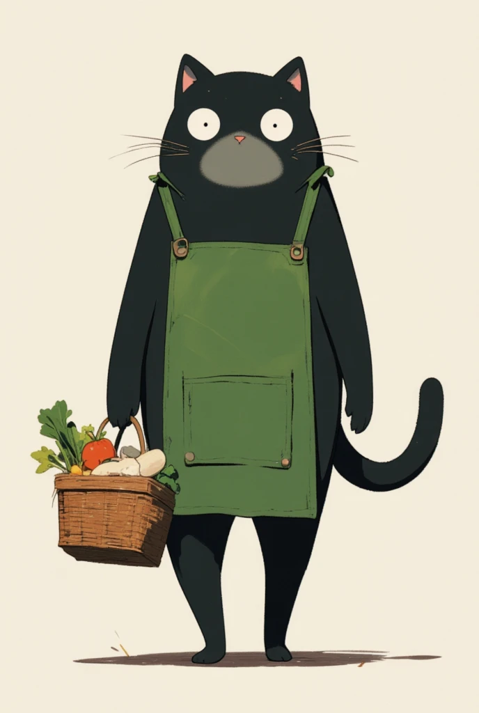  black cat walking on two legs bigger than humans \Shōjō,  wearing a green apron ,  gray coat from nose to stomach, Ears facing outward ,  poor eyesight ,  charming face, :3