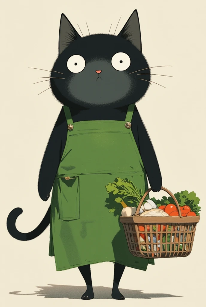  black cat walking on two legs bigger than humans \Shōjō,  wearing a green apron ,  gray coat from nose to stomach, Ears facing outward ,  poor eyesight ,  charming face, :3