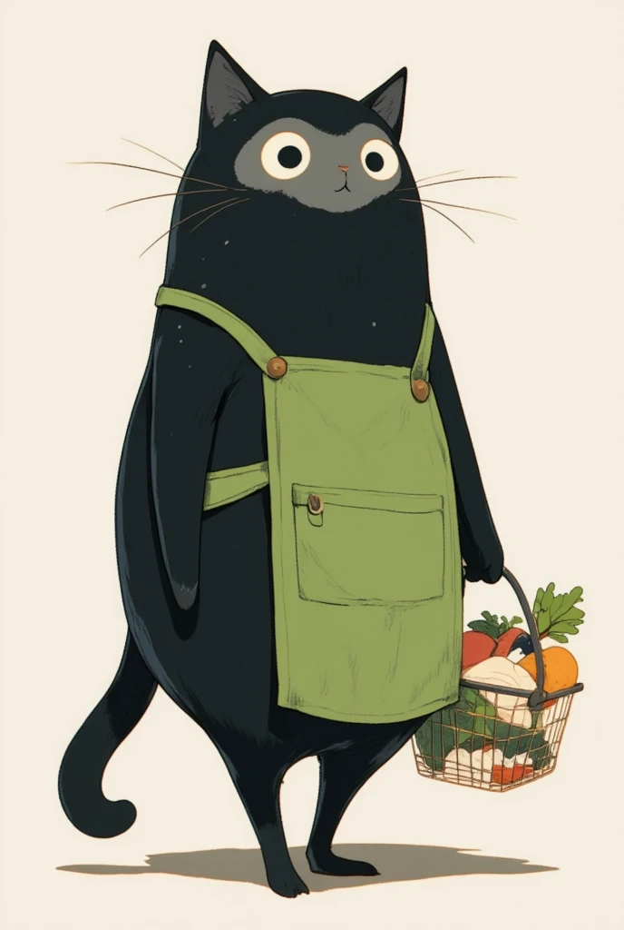  black cat walking on two legs bigger than humans \Shōjō,  wearing a green apron ,  gray coat from nose to stomach, Ears facing outward ,  poor eyesight ,  charming face, :3