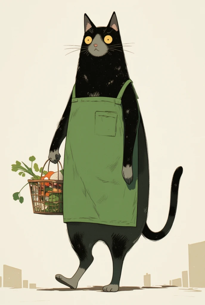  black cat walking on two legs bigger than humans \Shōjō,  wearing a green apron ,  gray coat from nose to stomach, Ears facing outward ,  poor eyesight ,  charming face, :3