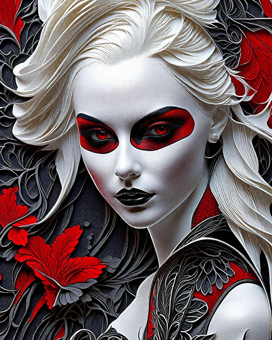 Ambilight, masterpiece, ultra-high quality,( ultra detailed original illustration), Perfil Portrait of a beautiful Girl, Upper body, Crown of Bones, ((Evil Fashion)), (Red Eyes:1.5, Double exposure, fussion of fluid abstract art, Glitch, 2D),(Gothic Oiginal illustration composition),( fusion of limited color, Fractal Geometric, butterflies, Comic art) <lora:Minijisn-03:1> <lora:Moommst-01:1>