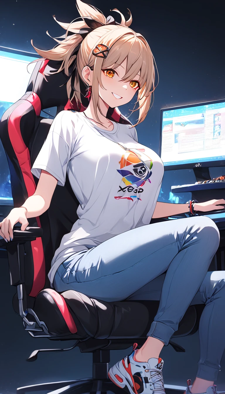 a gamer girl in a graphic tee, baggy jeans, and stylish sneakers, beautiful detailed eyes, beautiful detailed lips, extremely detailed face, longeyelashes, sitting on a gaming chair, gaming setup with a pc, rgb lighting, neon colors, cinematic lighting, vibrant colors, dynamic pose, anime style, digital art, highly detailed, 8k, best quality, masterpiece, yoimiya, bangs, blonde hair, hair ornament, hair between eyes, ponytail, sidelocks, orange eyes, light brown hair, 1women ,4k, 8k, uhd, hdr, detailed background,mature female, dynamic pose, full body, ,skin pores, score_9, score_8_up, score_7_up, (sfw), (cowboy shot, dutch angle:1.2), 1girl, solo, mature female, whole body shot ,1girl, solo, mature female, smiling,1girl, solo, mature female, big breasts, dynamic angle, (negative_v2 Color_Balance_Calibration:0.8), Stable_Yogis_Animetoon_Negatives, negativeXL_D, aidxlv05_neg, indoor background
