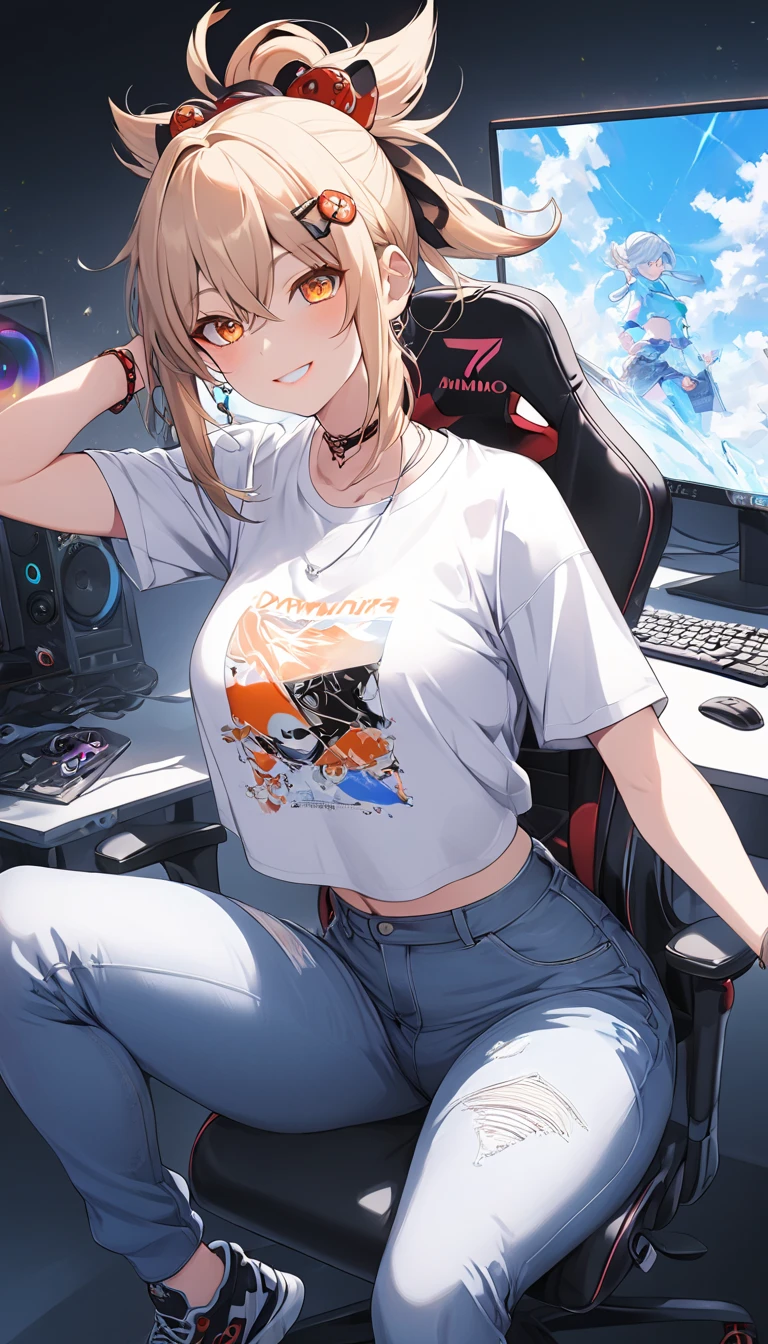 a gamer girl in a graphic tee, baggy jeans, and stylish sneakers, beautiful detailed eyes, beautiful detailed lips, extremely detailed face, longeyelashes, sitting on a gaming chair, gaming setup with a pc, rgb lighting, neon colors, cinematic lighting, vibrant colors, dynamic pose, anime style, digital art, highly detailed, 8k, best quality, masterpiece, yoimiya, bangs, blonde hair, hair ornament, hair between eyes, ponytail, sidelocks, orange eyes, light brown hair, 1women ,4k, 8k, uhd, hdr, detailed background,mature female, dynamic pose, full body, ,skin pores, score_9, score_8_up, score_7_up, (sfw), (cowboy shot, dutch angle:1.2), 1girl, solo, mature female, whole body shot ,1girl, solo, mature female, smiling,1girl, solo, mature female, big breasts, dynamic angle, (negative_v2 Color_Balance_Calibration:0.8), Stable_Yogis_Animetoon_Negatives, negativeXL_D, aidxlv05_neg, indoor background
