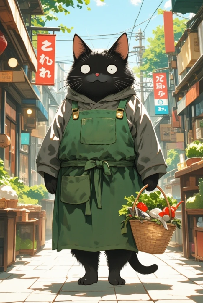  black cat walking on two legs bigger than humans \Shōjō,  wearing a green apron ,  gray coat from nose to stomach, Gray mouth ,  ears are down, Ears facing outward ,  poor eyesight :1.3,  charming face, :3,  shopping basket with vegetables and fish in my hand, I have a 