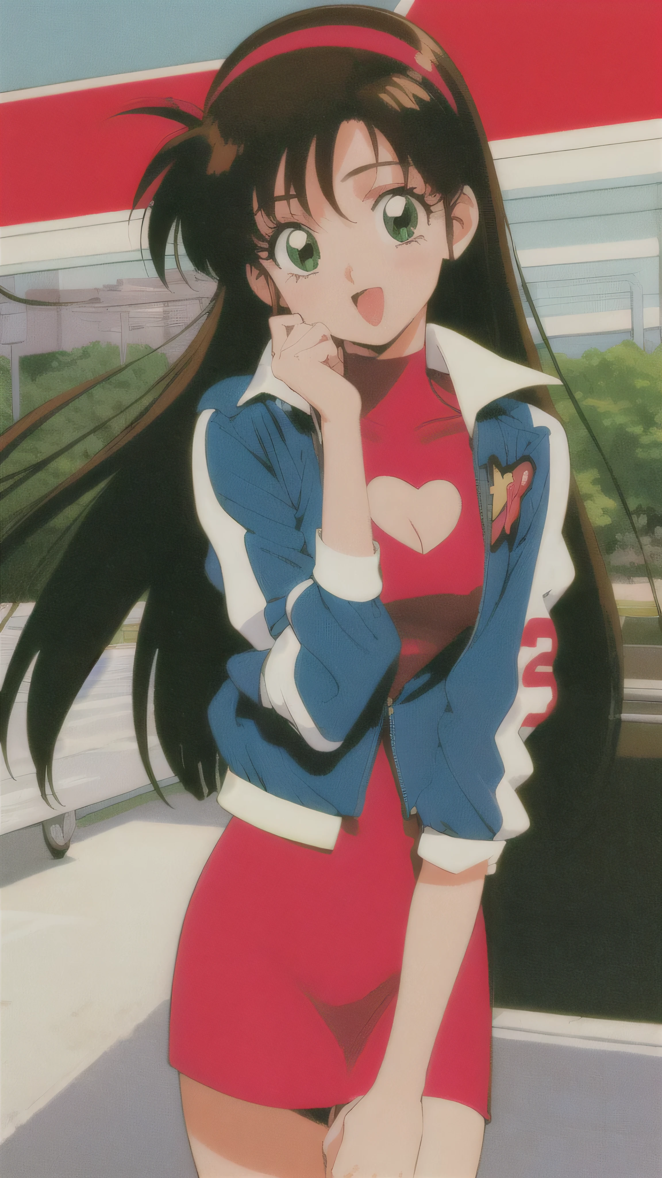asusugodr, 1girl, solo, heart, hair ornament, green eyes,mini jacket, dress, retro artstyle, open mouth, 1990s (style), looking at viewer, smile, outdoors, sky, cowboy shot, cleavage cutout, race queen