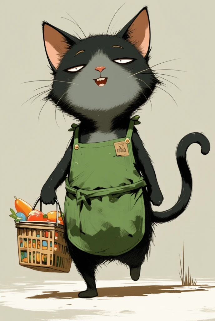  black cat walking on two legs bigger than humans \Shōjō,  wearing a green apron ,  gray coat from nose to stomach, Ears facing outward ,  poor eyesight ,  charming face, :3