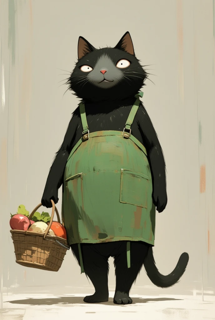  black cat walking on two legs bigger than humans \Shōjō,  wearing a green apron ,  gray coat from nose to stomach, Gray mouth ,  ears are down, Ears facing outward ,  poor eyesight :1.3,  squinting:1.2,  charming face, Her mouth looks like she's laughing ,  holding a shopping basket in her hand, I have a 