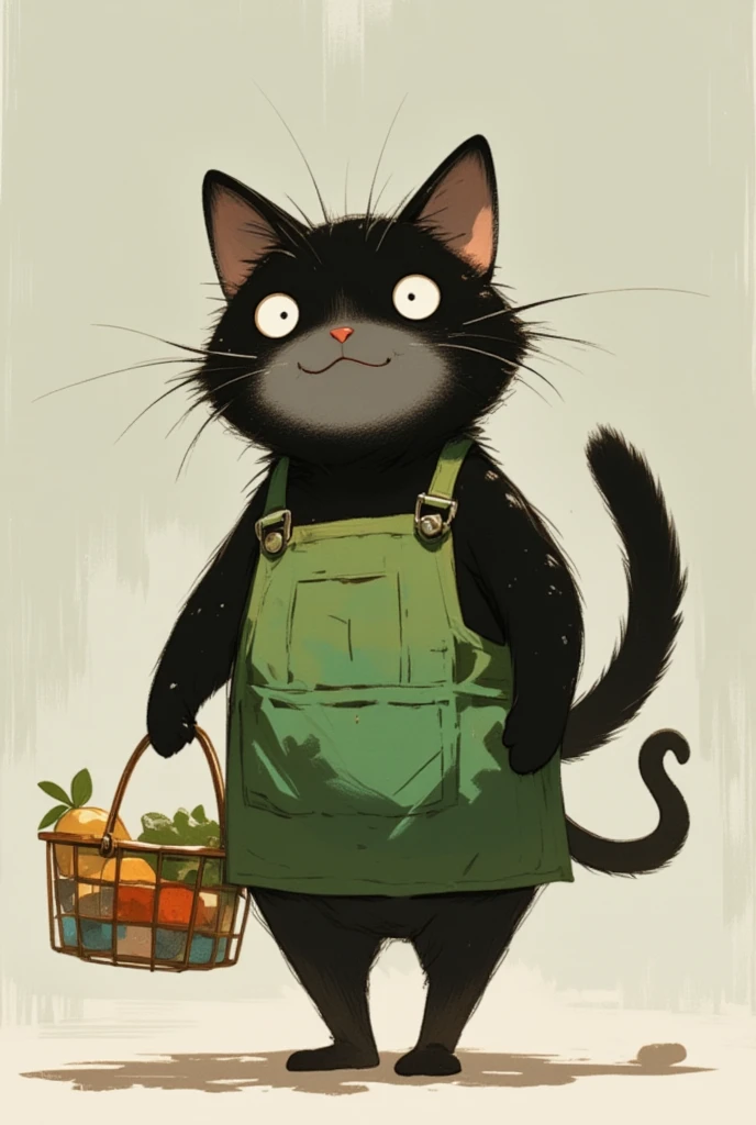  black cat walking on two legs bigger than humans \Shōjō,  wearing a green apron ,  gray coat from nose to stomach, Ears facing outward ,  poor eyesight ,  charming face, :3