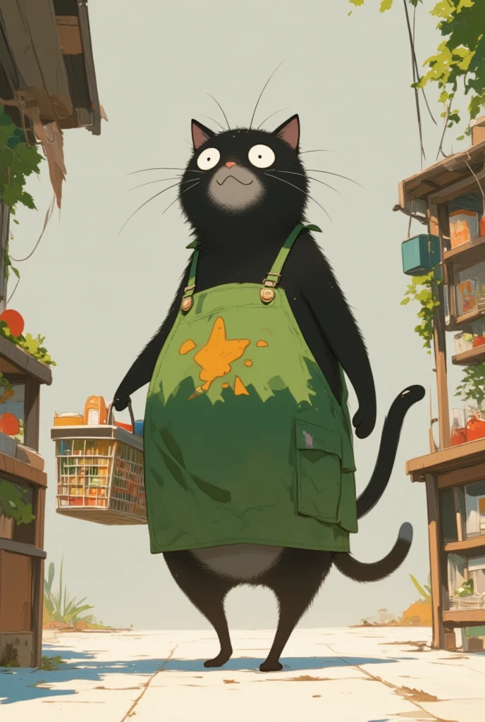  black cat walking on two legs bigger than humans \Shōjō,  wearing a green apron ,  gray coat from nose to stomach, Gray mouth ,  ears are down, Ears facing outward ,  poor eyesight :1.3,  squinting:1.2,  charming face, Her mouth looks like she's laughing ,  holding a shopping basket in her hand, I have a 