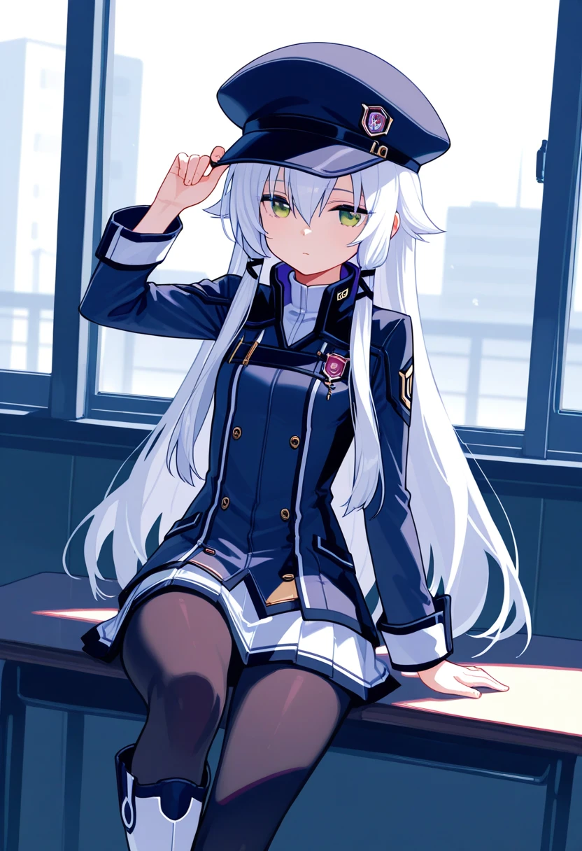 best quality,masterpiece,very aesthetic,absurdres,8k,1girl, solo, Altina Orion, white hair, long hair, sidelocks, green eyes, flat chest, black cabbie hat, blue shirt, school uniform, skirt, black pantyhose, white boots,