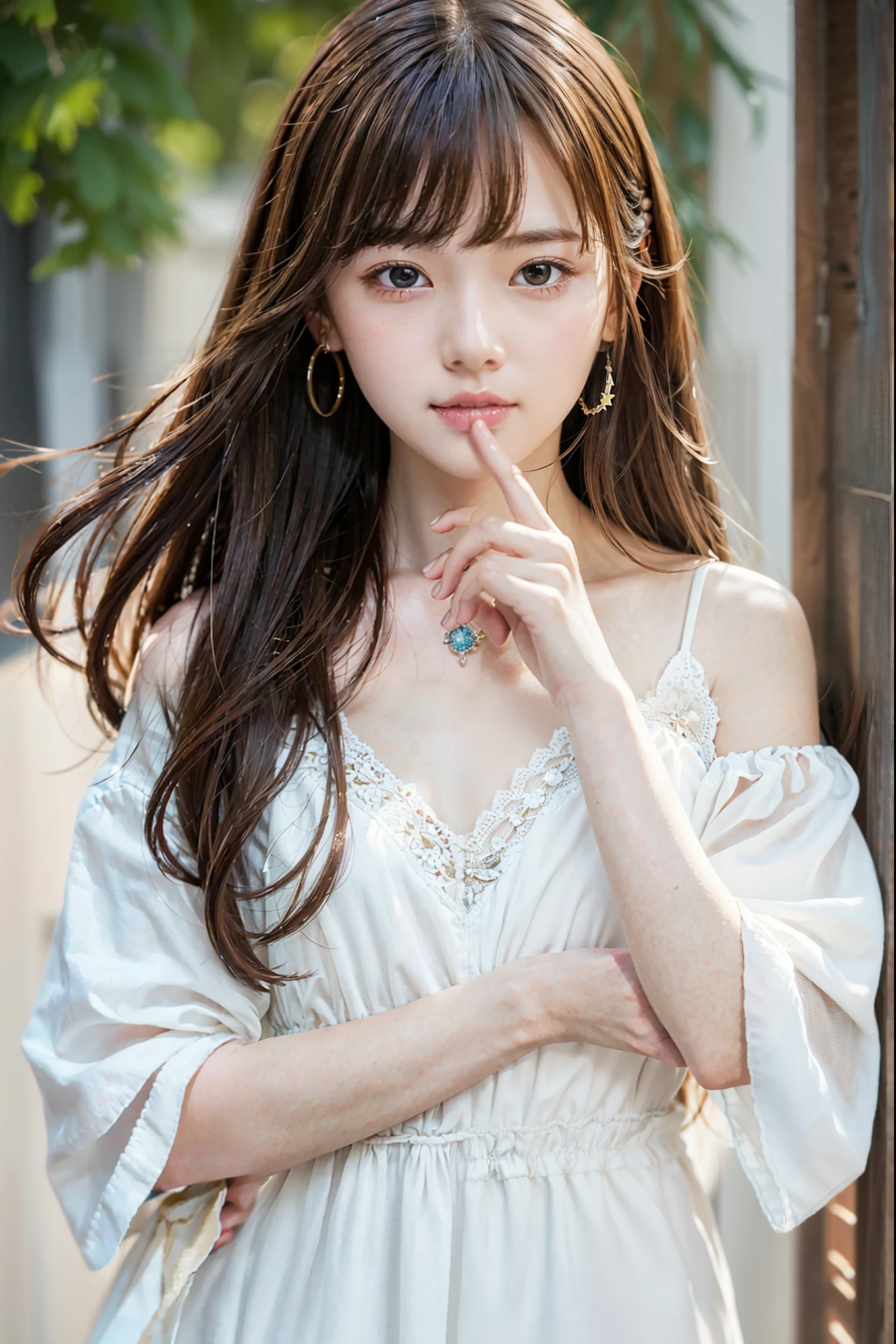(extra detailed body、highly detailed face、best quality:1.2)、woman、looking at the viewer、(Wacky fashion、dried flower、necklace, pastel clothing、asymmetrical)、(Colorful color wall)