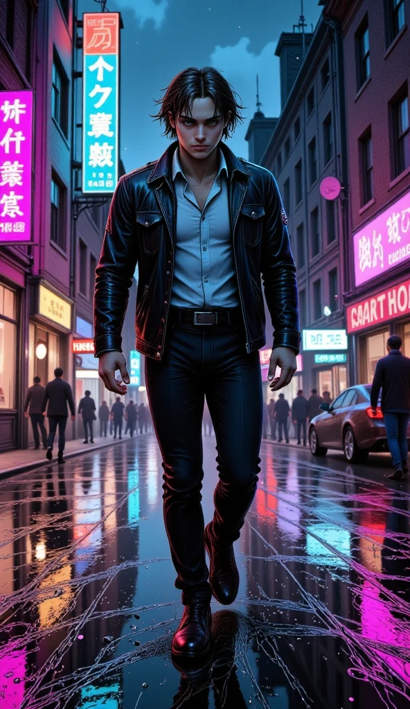 ( masterpiece,  better quality,  High resolution,  32k ,  extremely detailed CG :1), ( unity wallpaper faint illustration on stage :1.0), ((1 handsome young man:1.55 by Cyberpunk :1. 5 dancing in the rain :1.54 )),(( Cyberpunk Night City:1.4)),  neon signs futuristic cars ,dark place rain, (( wet clothes magenta neon lights that illuminate the young man perfectly:1.45) . 32k