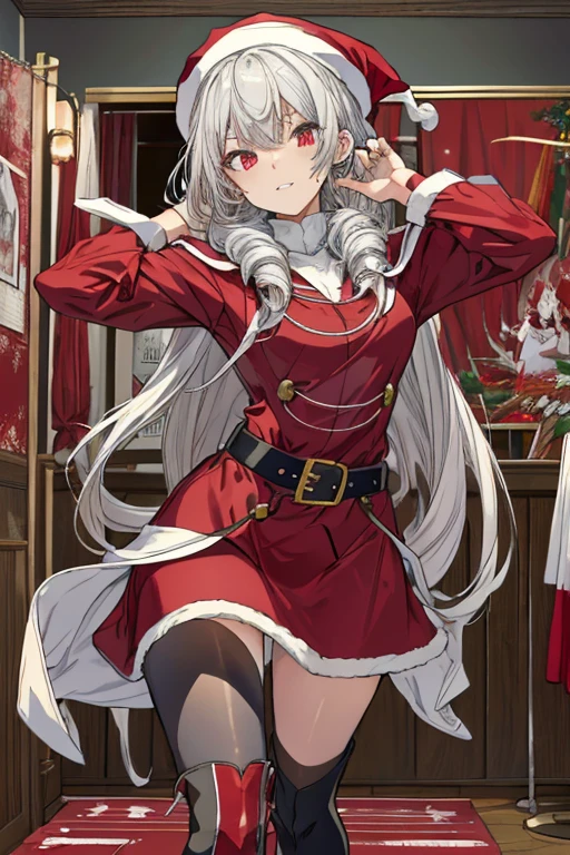 (1girl, silver hair, long hair, evil red eyes, crazy eyes, crazy smile:1.5, ), (santa clothes, santa hat, black tights, santa boots), (((holding ominous japanese sword ))), ((battlescene,slashilg,killing the mafia,blood splash)), (indoor, party room, christmas party), ((masterpiece:1.5)), ((best quality:1.5)), (ultra-detailed:1.5), (cinematic lighting, cinematic posing), 