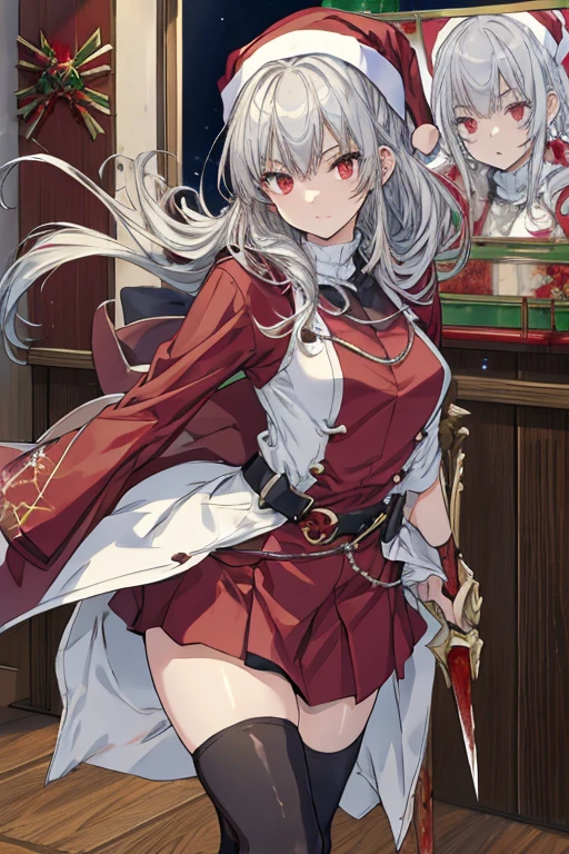 (1girl, silver hair, long hair, evil red eyes, crazy eyes, crazy smile:1.5, ), (santa clothes, santa hat, black tights, santa boots), (((holding ominous japanese sword ))), ((battlescene,slashilg,killing the mafia,blood splash)), (indoor, party room, christmas party), ((masterpiece:1.5)), ((best quality:1.5)), (ultra-detailed:1.5), (cinematic lighting, cinematic posing), 