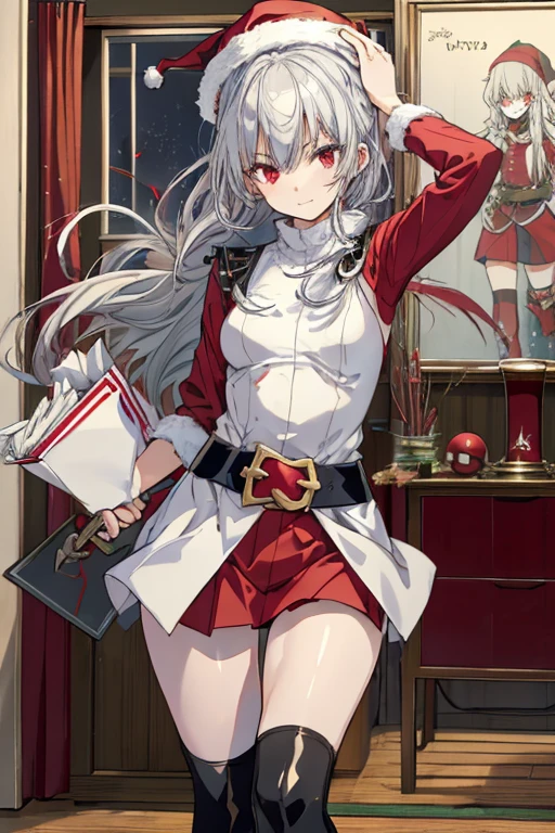 (1girl, silver hair, long hair, evil red eyes, crazy eyes, crazy smile:1.5, ), (santa clothes, santa hat, black tights, santa boots), (((holding ominous japanese sword ))), ((battlescene,slashilg,killing the mafia,blood splash)), (indoor, party room, christmas party), ((masterpiece:1.5)), ((best quality:1.5)), (ultra-detailed:1.5), (cinematic lighting, cinematic posing), 