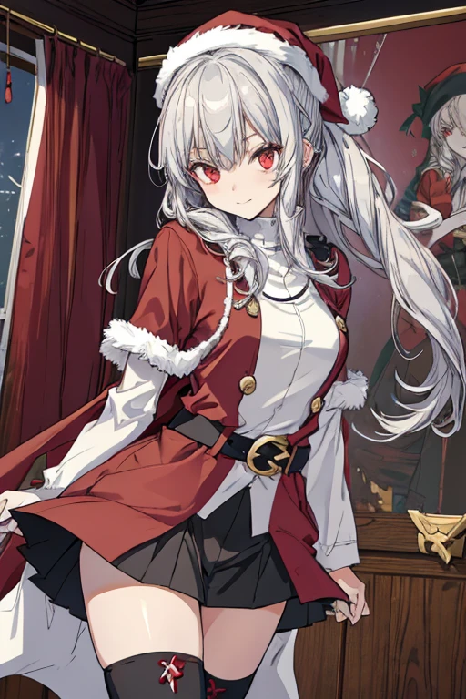 (1girl, silver hair, long hair, evil red eyes, crazy eyes, crazy smile:1.5, ), (santa clothes, santa hat, black tights, santa boots), (((holding ominous japanese sword ))), ((battlescene,slashilg,killing the mafia,blood splash)), (indoor, party room, christmas party), ((masterpiece:1.5)), ((best quality:1.5)), (ultra-detailed:1.5), (cinematic lighting, cinematic posing), 