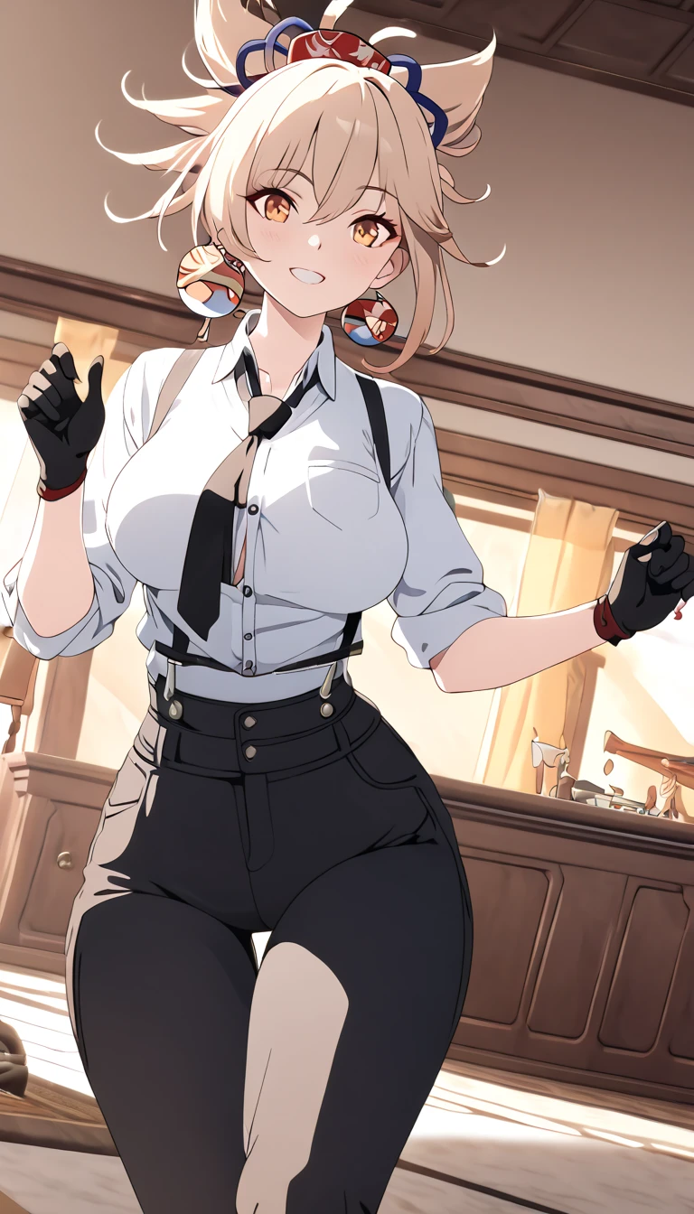 (best quality, masterpiece), 1women ,4k, 8k, uhd, hdr, detailed background,, wearing a white button-up shirt with a black tie, black suspenders over the shirt, black gloves, black pants, , full body, yoimiya, bangs, blonde hair, hair ornament, hair between eyes, ponytail, sidelocks, orange eyes, light brown hair, 1women ,4k, 8k, uhd, hdr, detailed background,mature female, dynamic pose, full body, ,skin pores, score_9, score_8_up, score_7_up, (sfw), (cowboy shot, dutch angle:1.2), 1girl, solo, mature female, whole body shot ,1girl, solo, mature female, smiling,1girl, solo, mature female, big breasts, dynamic angle, (negative_v2 Color_Balance_Calibration:0.8), Stable_Yogis_Animetoon_Negatives, negativeXL_D, aidxlv05_neg, indoor background