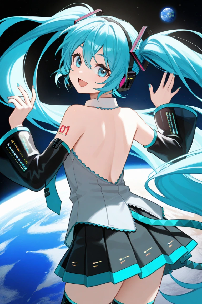 Miku Hatsune, Convenient Censorship,1girl, Solo, Long Hair, Gaze Shift, Smiling, Open Mouth, Blue Eyes, Hairpiece, Hair Between Eyebrows, Bare Shoulders, Twin Tail, Blue Hair, White Shirt Back, : d, Cowboy Shot, Pleated Skirt, Detachable Sleeves, Collared Shirt, Black Thigh, Hands Up Looking Back, Black Skirt, Miniskirt, Nails, From Behind, Out Of Focus, Sleeveless Shirt, Floating Hair, Headphones, Gray Shirt, Blue Nails, Blue Tie, Headset, Black Sleeve, Space, Shoulder Tattoo, Planet, Earth (Star)