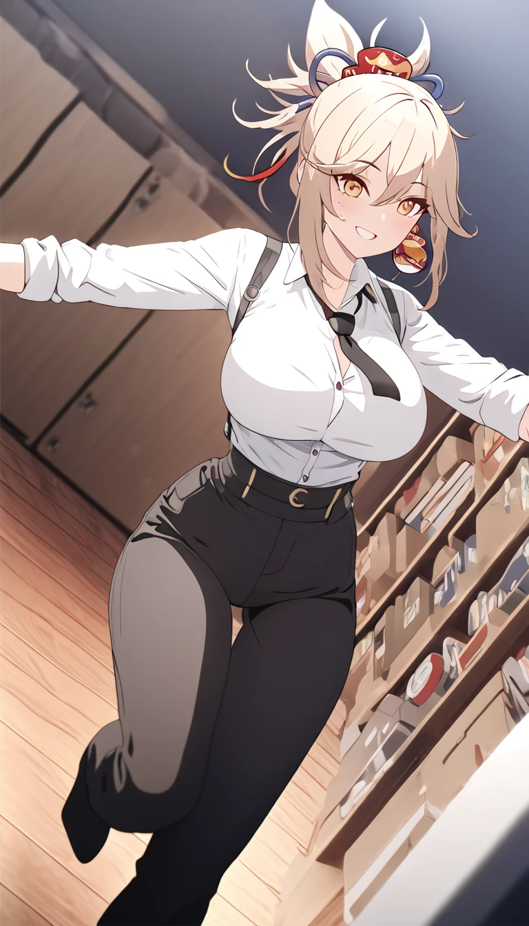 (best quality, masterpiece), 1women ,4k, 8k, uhd, hdr, detailed background,, wearing a white button-up shirt with a black tie, black suspenders over the shirt, black gloves, black pants, , full body, yoimiya, bangs, blonde hair, hair ornament, hair between eyes, ponytail, sidelocks, orange eyes, light brown hair, 1women ,4k, 8k, uhd, hdr, detailed background,mature female, dynamic pose, full body, ,skin pores, score_9, score_8_up, score_7_up, (sfw), (cowboy shot, dutch angle:1.2), 1girl, solo, mature female, whole body shot ,1girl, solo, mature female, smiling,1girl, solo, mature female, big breasts, dynamic angle, (negative_v2 Color_Balance_Calibration:0.8), Stable_Yogis_Animetoon_Negatives, negativeXL_D, aidxlv05_neg, indoor background
