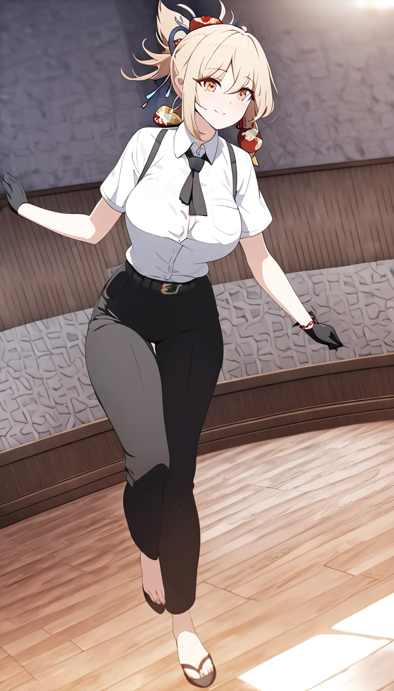 (best quality, masterpiece), 1women ,4k, 8k, uhd, hdr, detailed background,, wearing a white button-up shirt with a black tie, black suspenders over the shirt, black gloves, black pants, , full body, yoimiya, bangs, blonde hair, hair ornament, hair between eyes, ponytail, sidelocks, orange eyes, light brown hair, 1women ,4k, 8k, uhd, hdr, detailed background,mature female, dynamic pose, full body, ,skin pores, score_9, score_8_up, score_7_up, (sfw), (cowboy shot, dutch angle:1.2), 1girl, solo, mature female, whole body shot ,1girl, solo, mature female, smiling,1girl, solo, mature female, big breasts, dynamic angle, (negative_v2 Color_Balance_Calibration:0.8), Stable_Yogis_Animetoon_Negatives, negativeXL_D, aidxlv05_neg, indoor background
