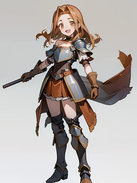 
((1 masterpiece, high resolution, best quality, 4k quality)), beautiful imagen, same character, 1 girl, solo,  in love, excited,very happy, smile, open mouth, adventurers, musketeer, rpg, medium breasts, golden almond eyes, long brown hair, drill hair, hip bones, collarbone, skirt, school skirt, blouse, school blouse, ((leather armor)), leather breastplate, heart plate, leather gloves, asymmetrical gloves, leather boots, asymmetrical footwear, heeled boots, shoulder armor, ((single shoulder)), leather corsette, chest harness, full body, standing, ,simple background, gray background,
