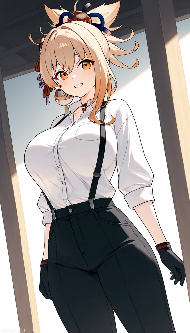 (best quality, masterpiece), 1women ,4k, 8k, uhd, hdr, detailed background,, wearing a white button-up shirt with a black tie, black suspenders over the shirt, black gloves, black pants, , full body, yoimiya, bangs, blonde hair, hair ornament, hair between eyes, ponytail, sidelocks, orange eyes, light brown hair, 1women ,4k, 8k, uhd, hdr, detailed background,mature female, dynamic pose, full body, ,skin pores, score_9, score_8_up, score_7_up, (sfw), (cowboy shot, dutch angle:1.2), 1girl, solo, mature female, whole body shot ,1girl, solo, mature female, smiling,1girl, solo, mature female, big breasts, dynamic angle, (negative_v2 Color_Balance_Calibration:0.8), Stable_Yogis_Animetoon_Negatives, negativeXL_D, aidxlv05_neg, indoor background
