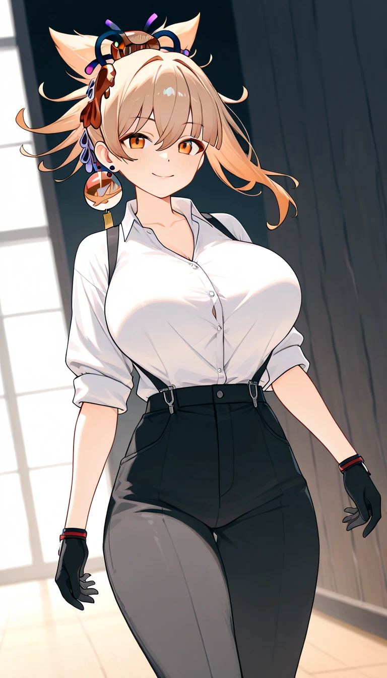 (best quality, masterpiece), 1women ,4k, 8k, uhd, hdr, detailed background,, wearing a white button-up shirt with a black tie, black suspenders over the shirt, black gloves, black pants, , full body, yoimiya, bangs, blonde hair, hair ornament, hair between eyes, ponytail, sidelocks, orange eyes, light brown hair, 1women ,4k, 8k, uhd, hdr, detailed background,mature female, dynamic pose, full body, ,skin pores, score_9, score_8_up, score_7_up, (sfw), (cowboy shot, dutch angle:1.2), 1girl, solo, mature female, whole body shot ,1girl, solo, mature female, smiling,1girl, solo, mature female, big breasts, dynamic angle, (negative_v2 Color_Balance_Calibration:0.8), Stable_Yogis_Animetoon_Negatives, negativeXL_D, aidxlv05_neg, indoor background
