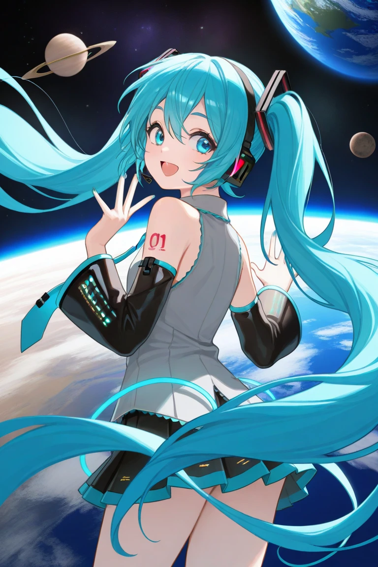 Miku Hatsune, Convenient Censorship,1girl, Solo, Long Hair, Gaze Shift, Smiling, Open Mouth, Blue Eyes, Hairpiece, Hair Between Eyebrows, Bare Shoulders, Twin Tail, Blue Hair, White Shirt all Back, : d, Cowboy Shot, Pleated Skirt, Detachable Sleeves, Collared Shirt, Black Thigh, Hands Up Looking Back, Black Skirt, Miniskirt, Nails, From Behind, Out Of Focus, Sleeveless Shirt, Floating Hair, Headphones, Gray Shirt, Blue Nails, Blue Tie, Headset, Black Sleeve, Space, Shoulder Tattoo, Planet, Earth (Star)