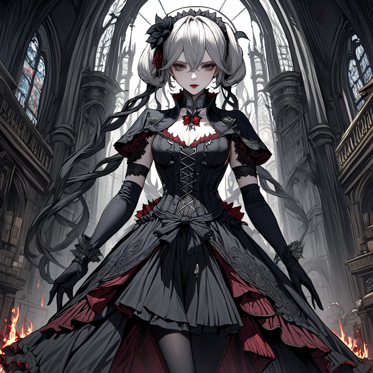 Sexy Camellya Victorian style from Bloodborne with a very sexy Gothic costume that looks like a place like Bloodborne super mega hyper detailed many details around that is coherent and beautiful