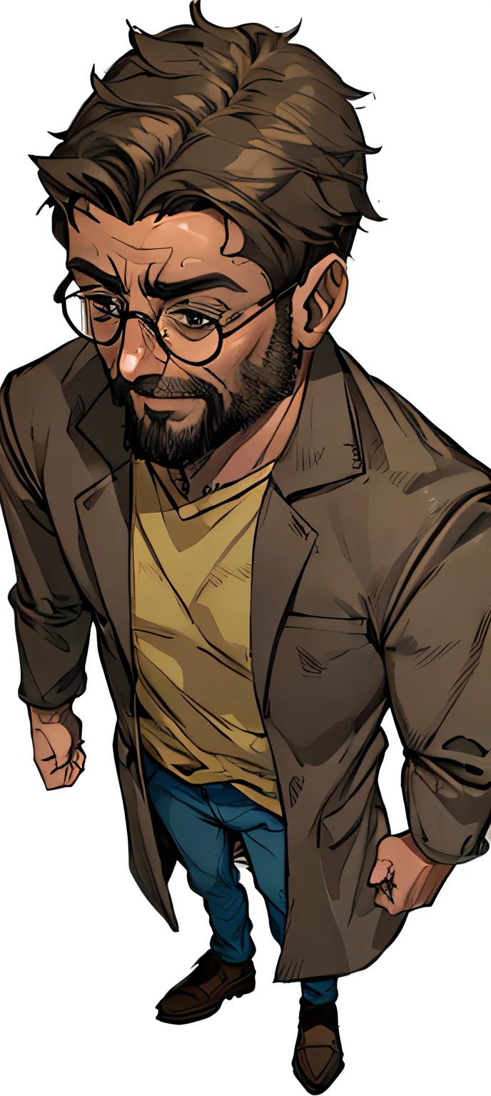 brown-skinned old man , with long gray hair, long gray beard , glasses, brown eyes, Wearing a green t-shirt, wearing brown overcoat , jeans and brown shoes.
