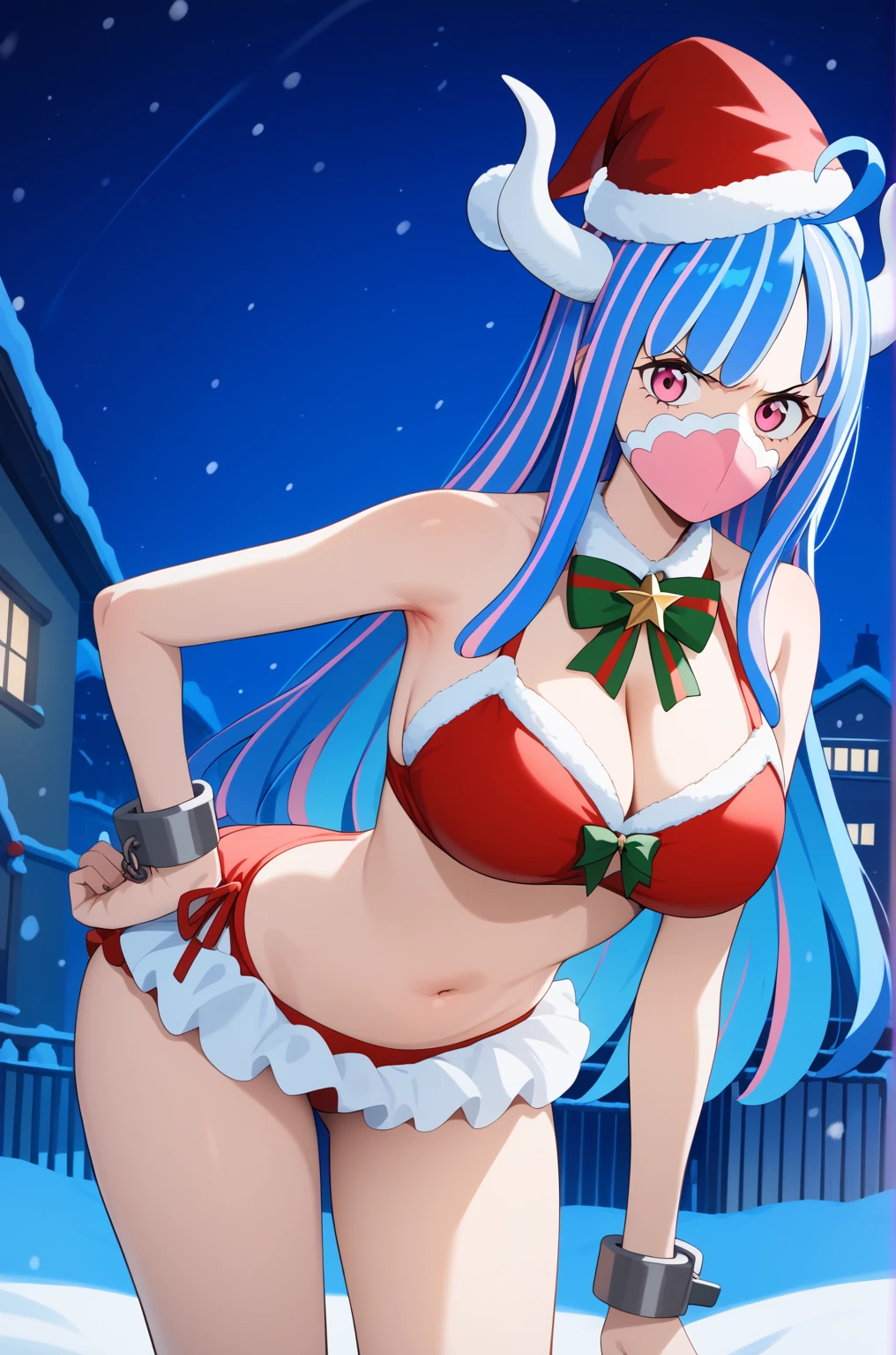 masterpiece,best quality,{{detailed beautiful face and eyes}}, 
Ulti,{{{megami magazine}}},long hair,multicolored hair,blue hair,ahoge,hair between eyes,horns,pink eyes,mouth mask,pink mask,large breasts, 
((santa,(santa swimwear:1.3),red swimwear,(zettai ryouiki:1.3),navel,frilled skirt,cuffs,santa hat,bow tie)),
1girl,(is angry:1.0),
((leaning forward,hand on hip:1.2)),
(night city,snow:1.0),clothed