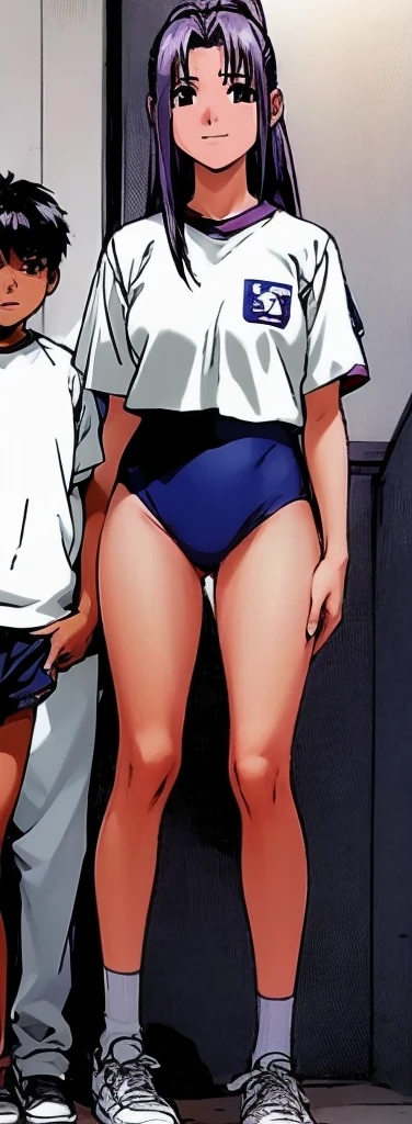 Momoko Koigakubo, a tall girl with beautiful legs, is wearing white gym clothes and light-colored navy blue bloomers that look like panties, and is standing with her legs spread to the sides, looking down.。