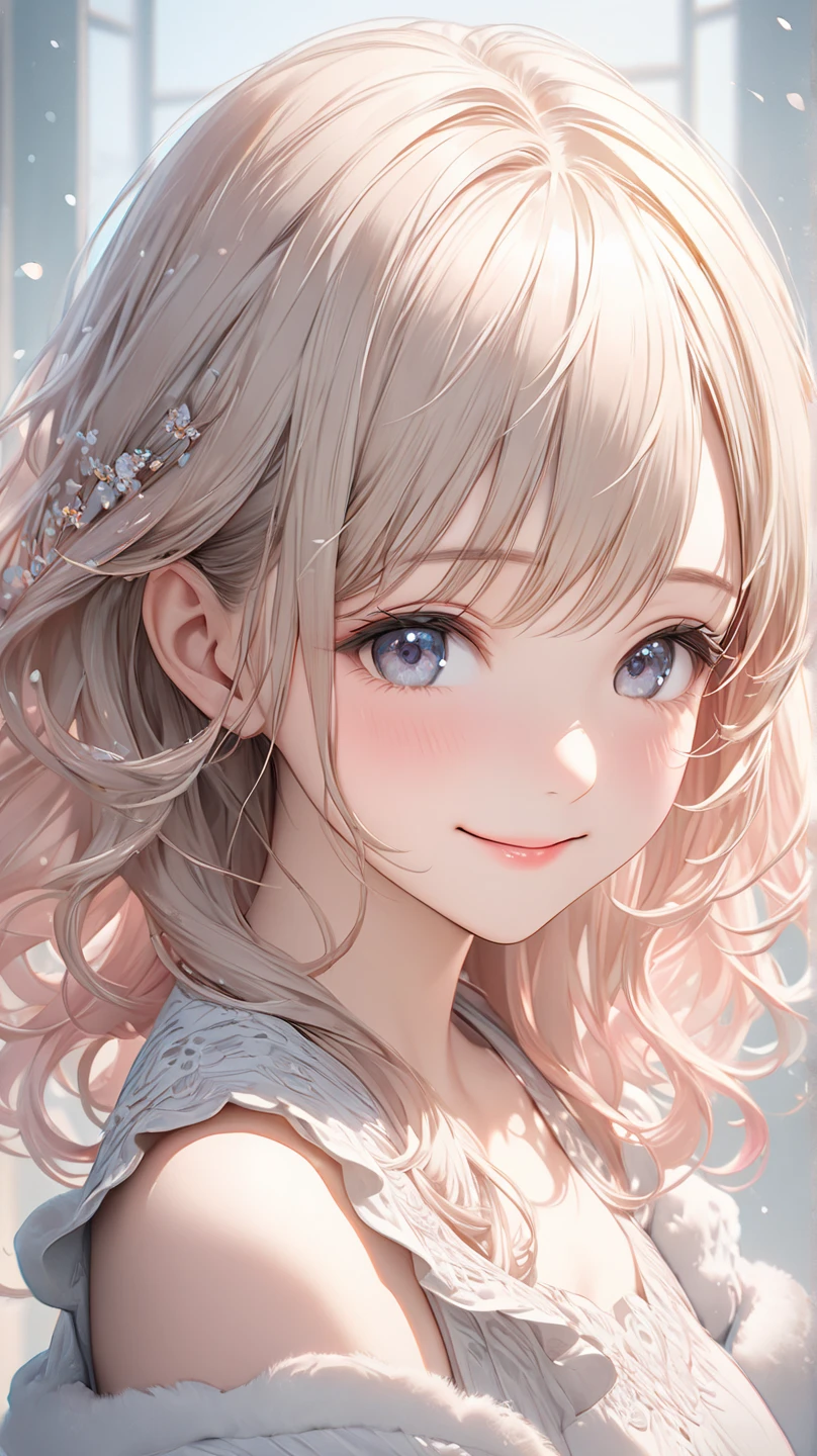 cute beautiful woman, smile, shy, light makeup, great proportion, background gentle color scheme, soft and fluffy calm effects, shading effects, gradation magic effects, (ultra detailed, absolutely resolution, best quality:1.3), 2.5D, delicate and dynamic, artistic photography, hyper realistic, graphic CG digital art