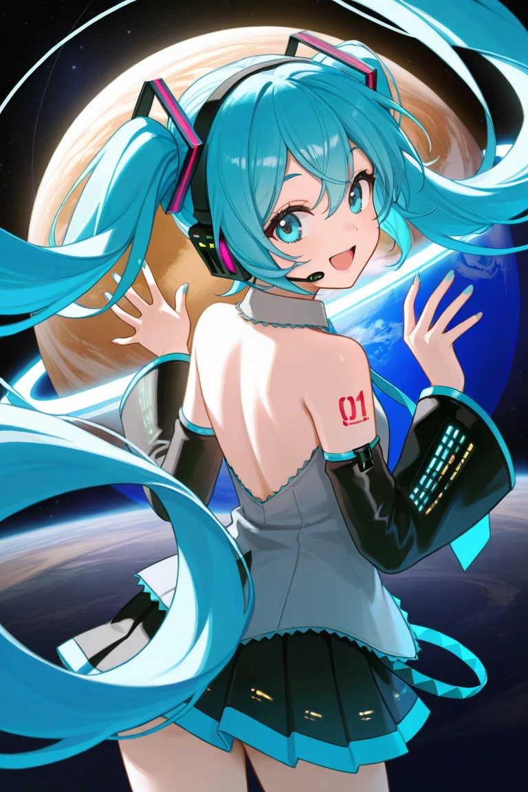 Miku Hatsune, Convenient Censorship,1girl, Solo, Long Hair, Gaze Shift, Smiling, Open Mouth, Blue Eyes, Hairpiece, Hair Between Eyebrows, Bare Shoulders, Twin Tail, Blue Hair, White Shirt  Back all, : d, Cowboy Shot, Pleated Skirt, Detachable Sleeves, Collared Shirt, Black Thigh, Hands Up Looking Back, Black Skirt, Miniskirt, Nails, From Behind, Out Of Focus, Sleeveless Shirt, Floating Hair, Headphones, Gray Shirt, Blue Nails, Blue Tie, Headset, Black Sleeve, Space, Shoulder Tattoo, Planet, Earth (Star)