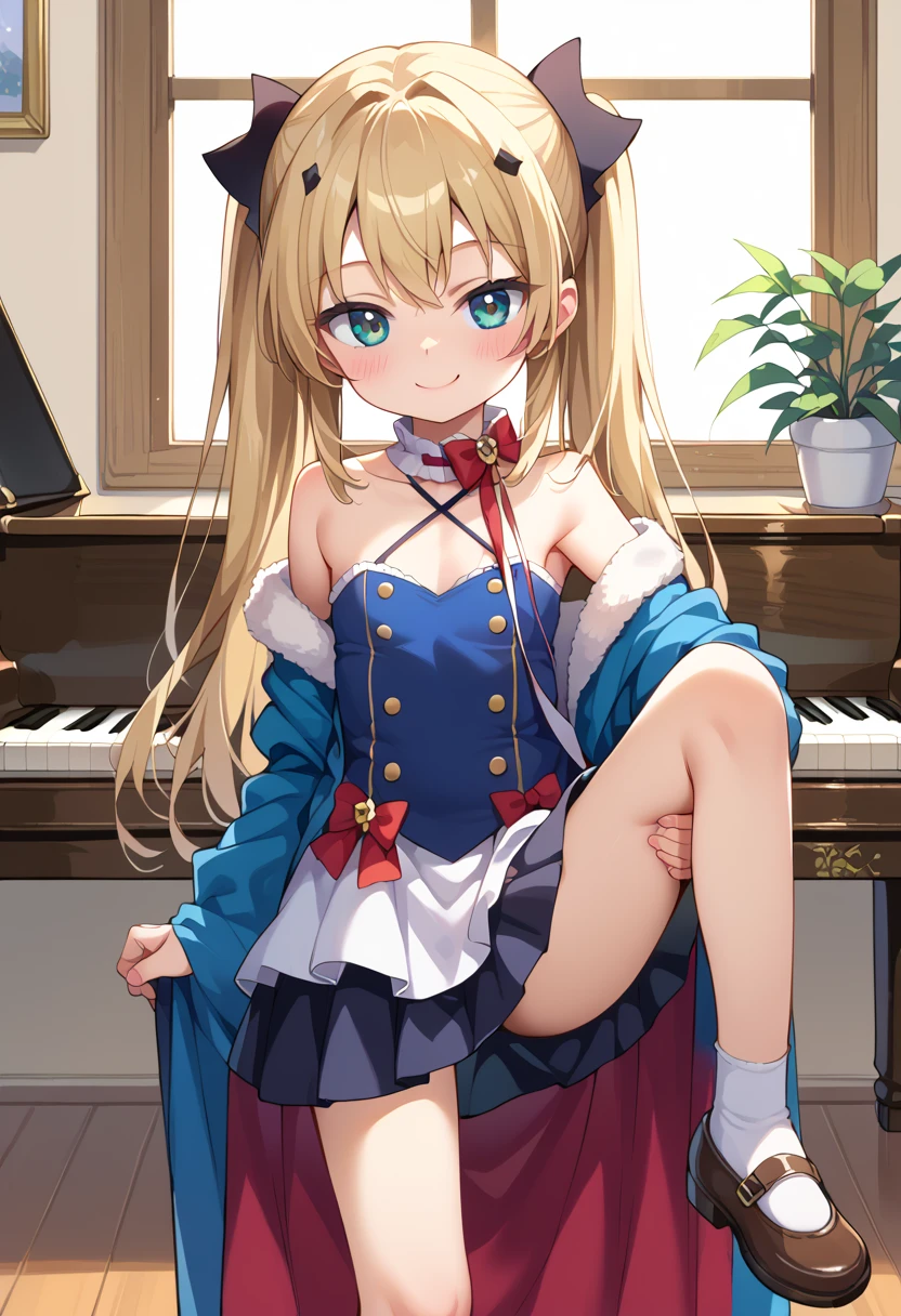 (( top quality )), ((masterpiece)), (be familiar with), perfect face, indoor, bedroom,  viewers because it's Shiragane in the middle of winter,
One woman, Krull Tepesi ,
開いた口,  ecstatic expression beside the piano, blush, smile,
 small ,  flat chest, Young girl, Lori,  kids,  girl,
 long hair,  twin tails,
Leg spread,