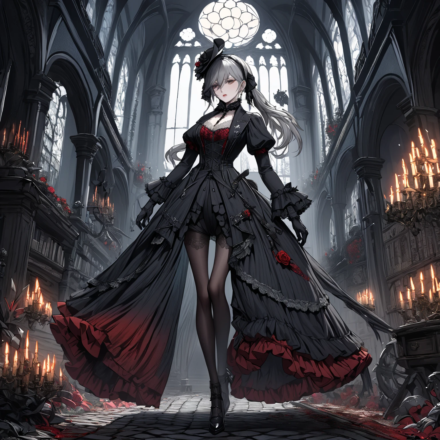 Sexy Camellya Victorian style from Bloodborne with a very sexy Gothic costume that looks like a place like Bloodborne super mega hyper detailed many details around that is coherent and beautiful