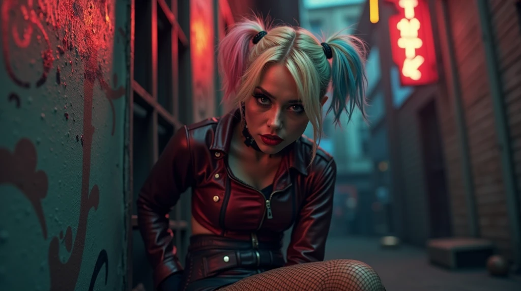 Harley Quinn (DC Comics): A sexy version of Harleys outfit with a cropped, ripped t-shirt, mini skirt, legs wide apart, revealing panties, squatting, fishnet stockings, and chunky boots. Add her signature pigtails,