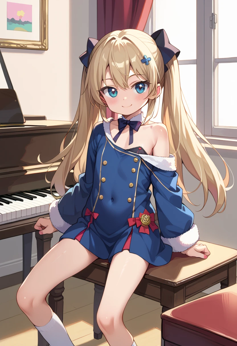 (( top quality )), ((masterpiece)), (be familiar with), perfect face, indoor, bedroom,  viewers because it's Shiragane in the middle of winter,
One woman, Krull Tepesi ,
開いた口,  ecstatic expression beside the piano, blush, smile,
 small ,  flat chest, Young girl, Lori,  kids,  girl,
 long hair,  twin tails,
Leg spread,