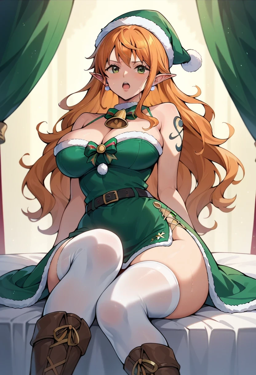 score_9, score_8_up, score_7_up, score_6_up, score_5_up, score_4_up, BREAK source_anime,nami_post, orange hair, long hair, wavy hair, side locks, brown eyes, large breasts, Green christmas elf dress with white fur trim, green christmas elf hat with a white fur trim, CLEAVAGE, LARGE BREASTS, black belt with a gold buckle, black knee high boots, White thigh high socks
, 