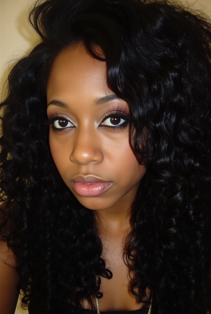 a picture of a 2000s slim thic pretty black girl from Atlanta black baddie girl with a video aesthetic with a nice define chiseled jawline with almond slanted shape eyes and she is taking a digital 2000s selfie at home and has long moist curly hair