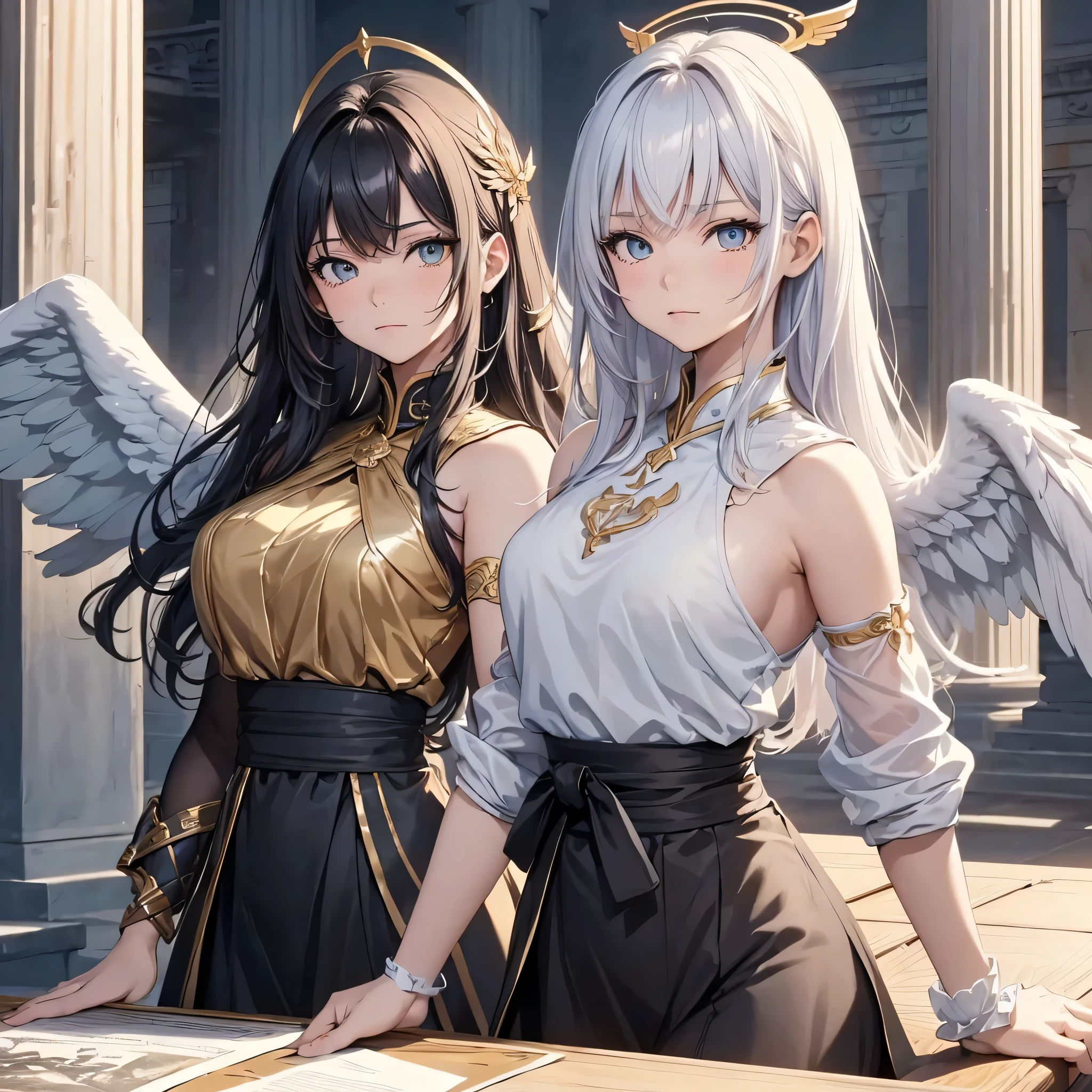 ((sur la table, meilleure qualité)), Visage délicat, fiche de conception de personnage,corps entier, proportion parfaite,riche en détails, Plusieurs poses et expressions, Très détaillé, Fille pratiquant les arts martiaux,1Fille aux ailes noires,gradient hair color,doré,Yeux délicats, voir à travers,1 Fille aux ailes d'ange,nuage,solde élevé, halo,Lumière naturelle,Décoration Starlight,temple grec