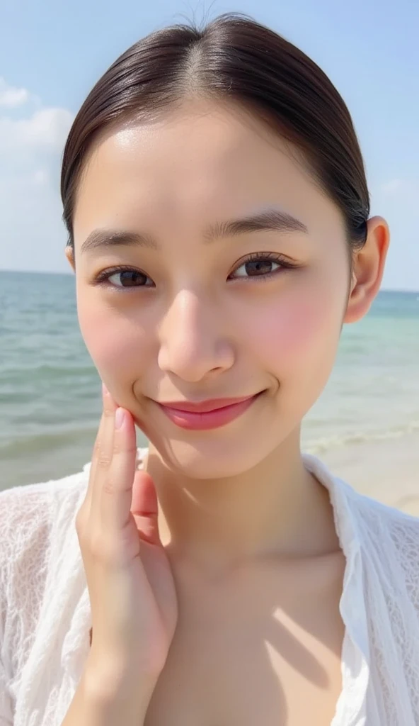{top-quality}, {{​masterpiece}}, {extremely delicate and beautiful},Outstanding light and shadow, highly detailed wallpaper,Clear and bright sunlight,1girl、gaze looking beyond,red blush,Strong sunshine,delicate and messy hair,realistic skin textures, Pronounced pores and skin wrinkles,tropical rainforest,((strong light shines on the face)), full body, naked portrait, nude photography, armpit, shiny nipple 