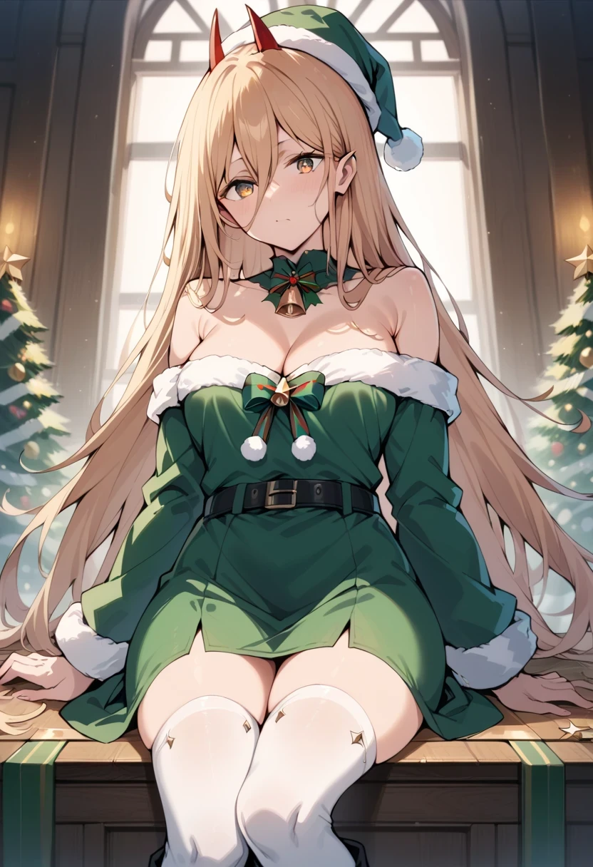 score_9, score_8_up, score_7_up, score_6_up, score_5_up, score_4_up,source_anime,1girl, p0w3r0x1, long hair, blonde hair, red horns,demon pupils, Green christmas elf dress with white fur trim, green christmas elf hat with a white fur trim, CLEAVAGE, black belt with a gold buckle, black knee high boots, White thigh high socks