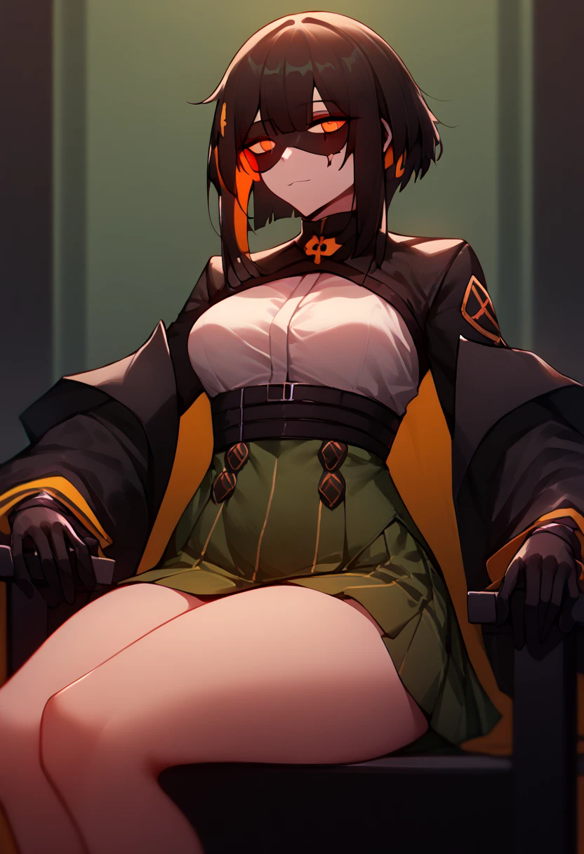 Anime girl sitting on a chair with a green object in her hand, detalhes finos. girls frontline, do girls frontline, Ecchi,  seductive anime, Ecchi style, Ecchi anime style,, Cheeky anime witch casting magic , , Dark scene noir ,nsfw