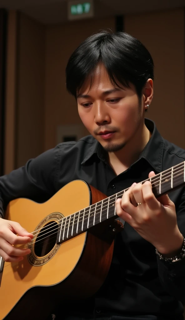 jojo, 39-year-old male, Masterpiece, best quality best East Asian people, one person, 8k, high detail, high detail, detail eyes, hyper realistic, (photorealism:1.2), Black hair with gray Sporadic, A skilled musician strums a classical guitar under the warm spotlight of a quiet stage. His fingers dance gracefully across the strings, filling the air with rich, melodic tones. The audience watches in awe, captivated by the harmony of his artistry and the intimate atmosphere.