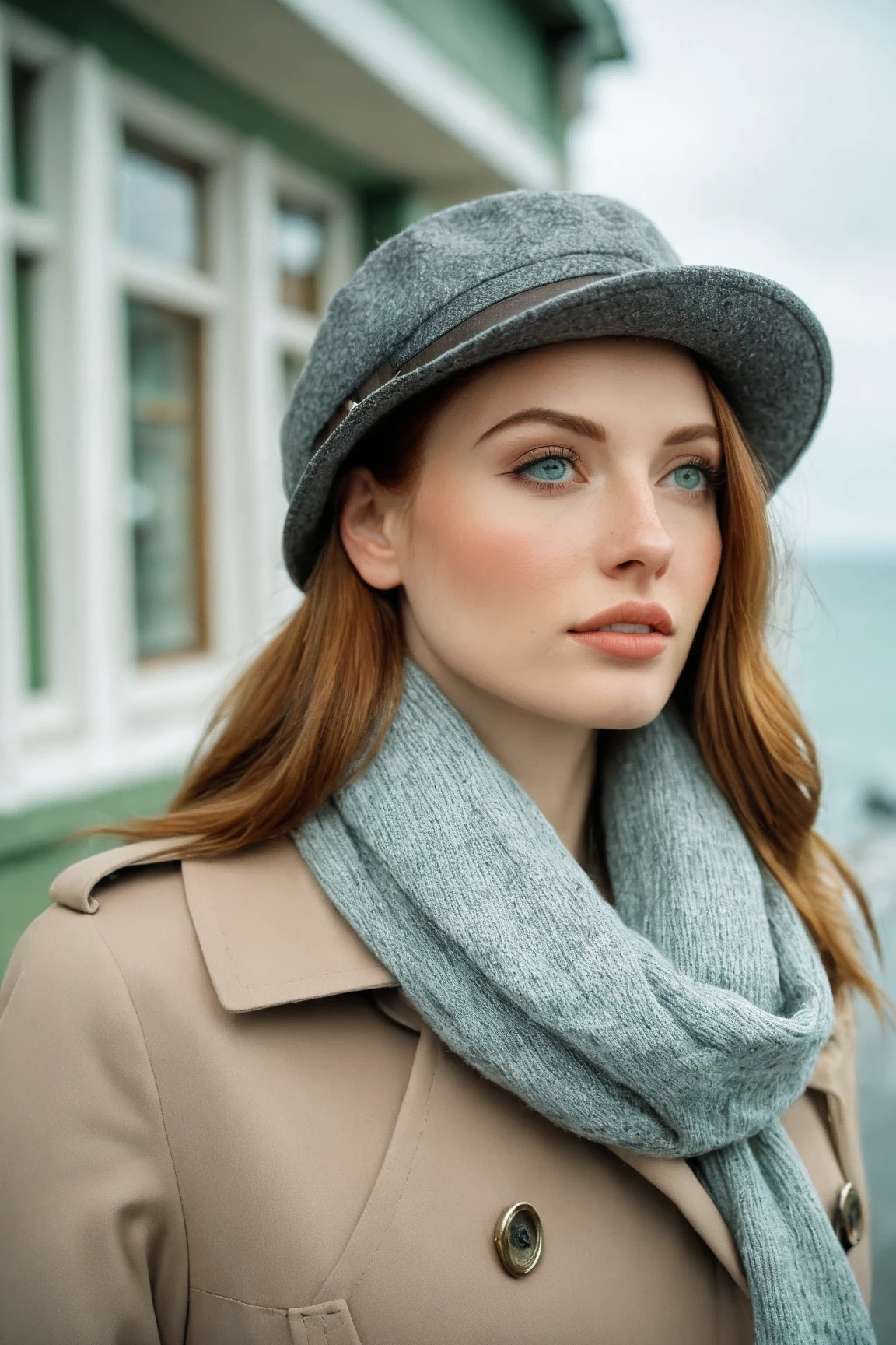 a realistic front-view portrait photography of a beautiful woman with green eyes standing in a town with ocean view, close-up shot, look up to the sky, detailed beautiful meek face, photo take by film camera, fashion lookbook, she has ginger hair, she wearing an trench coat and gray wool hat and scarf, dawn light, winter season, light snow falling, (bokeh), vintage green theme, diffused light, soft focus, depth of field, intricate detail, skin texture