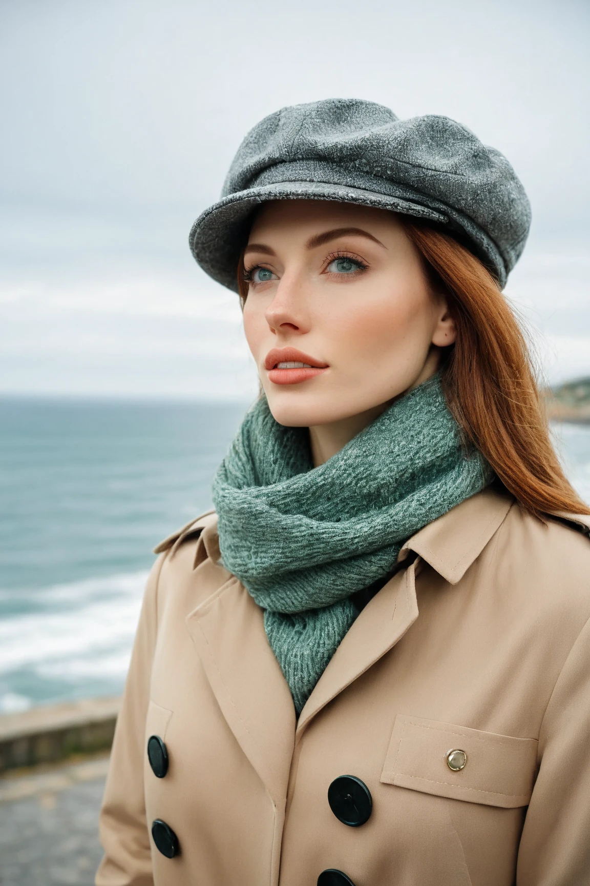 a realistic front-view portrait photography of a beautiful woman with green eyes standing in a town with ocean view, close-up shot, look up to the sky, detailed beautiful meek face, photo take by film camera, fashion lookbook, she has ginger hair, she wearing an trench coat and gray wool hat and scarf, dawn light, winter season, light snow falling, (bokeh), vintage green theme, diffused light, soft focus, depth of field, intricate detail, skin texture